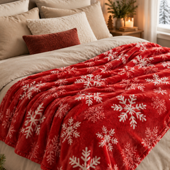 Plaid Noël XXL — Rouge Festif & Flocons de Neige