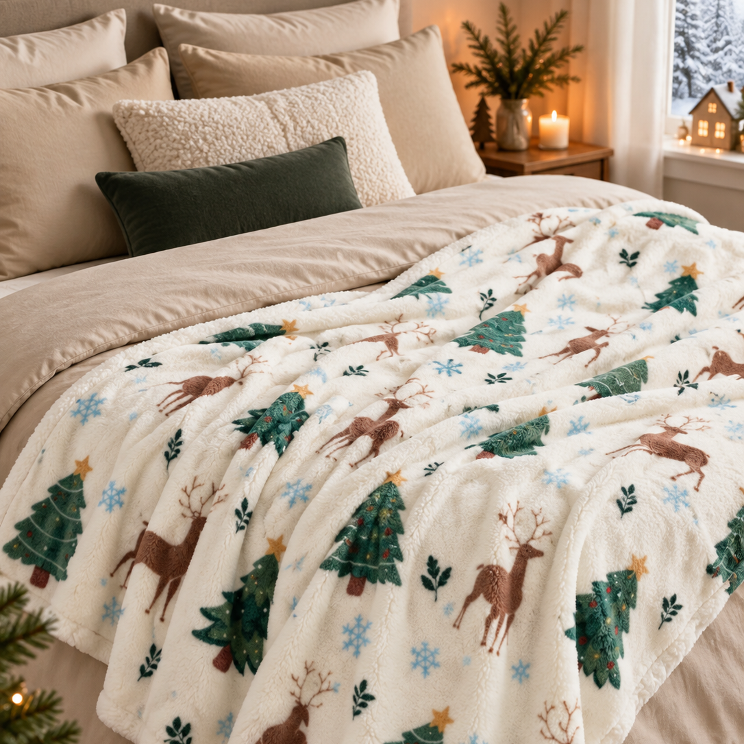 Plaid Noël XXL — Rennes, Sapins & Flocons