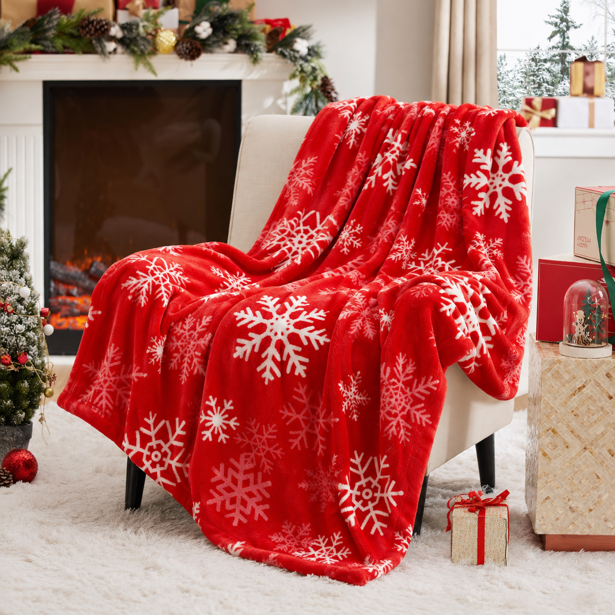 Plaid Noël XXL — Rouge Festif & Flocons de Neige